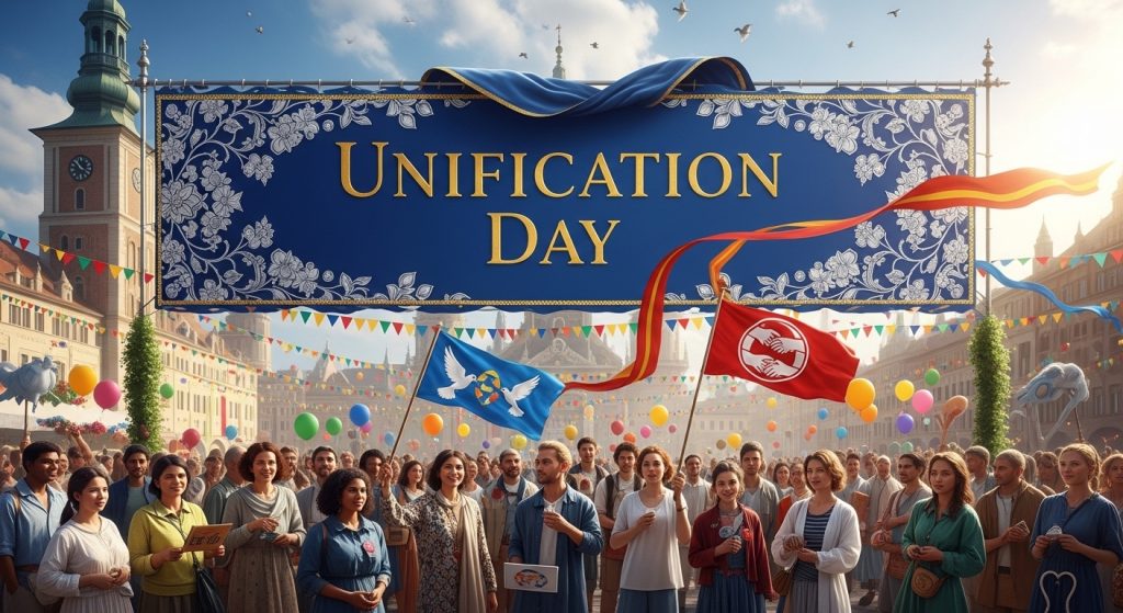 Diverse Crowd Celebrates Unification Day in Festive City Square with Flags & Banners - Feature Image Jan 333