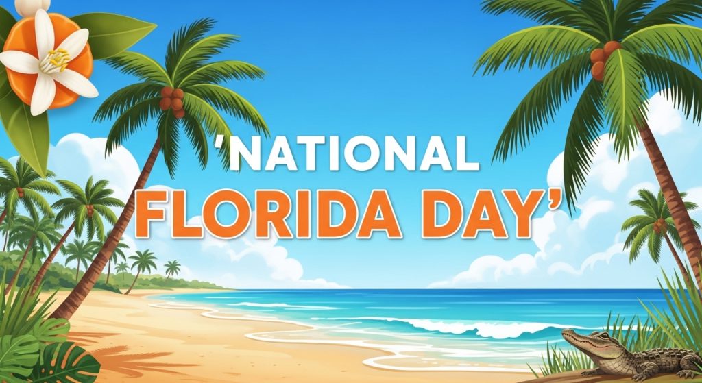 National Florida Day: Tropical Beach Scene with Palms, Alligator & Orange Blossom - Feature Image Jan 337