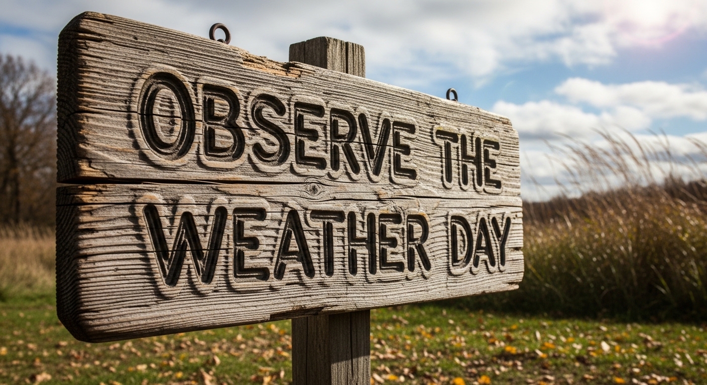 Rustic Wooden Sign: Observe the Weather Day in a Grassy Field with Blue Sky - Feature Image Jan 340