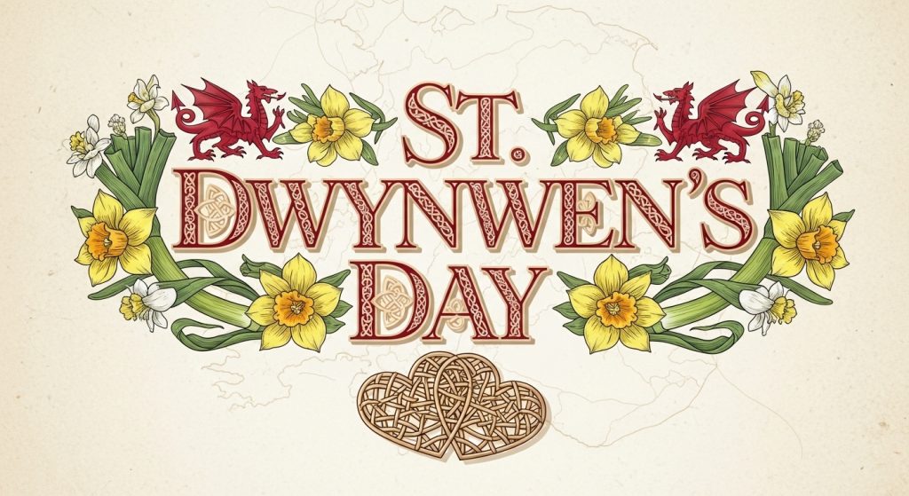 St. Dwynwen's Day Welsh Love Celebration Banner. Celtic Dragons, Daffodils, Leeks & Knot Hearts - Feature Image Jan 342
