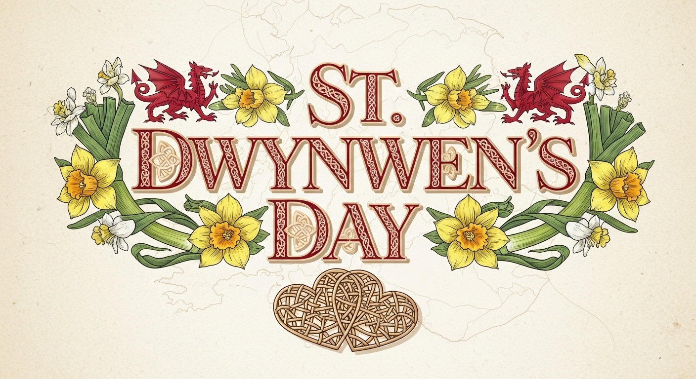 St. Dwynwen's Day Welsh Love Celebration Banner. Celtic Dragons, Daffodils, Leeks & Knot Hearts - Feature Image Jan 342