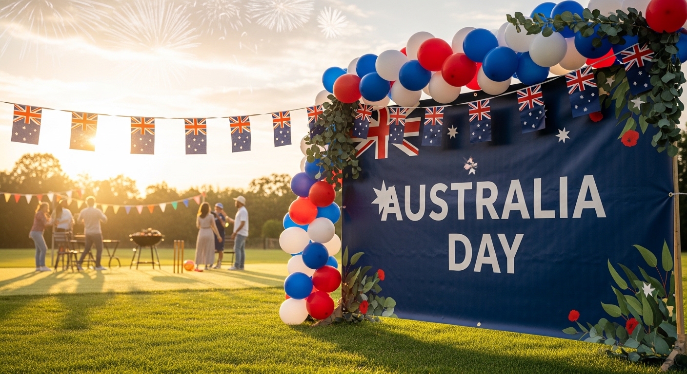 Vibrant Australia Day Outdoor Celebration with Balloons, Bunting, and Fireworks at Golden Hour - Feature Image Jan 348