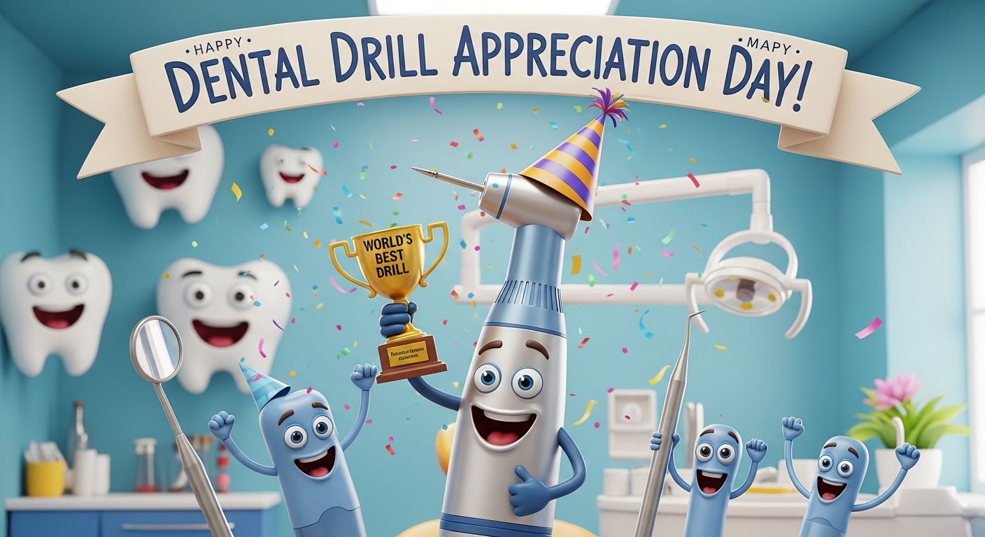 Happy Dental Drill Appreciation Day. Cartoon dental instruments and smiling teeth celebrate. - Feature Image Jan 350