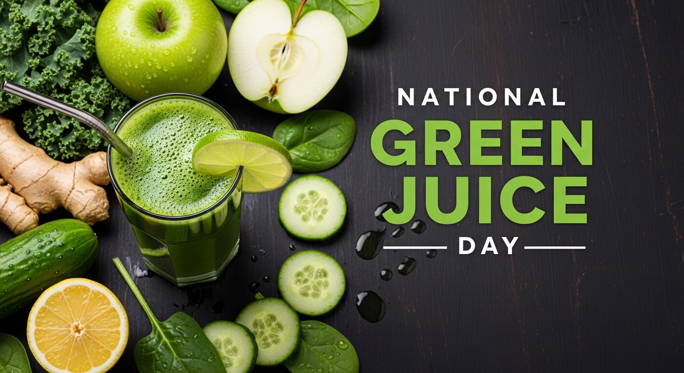 National Green Juice Day Flat Lay with Vibrant Green Drink and Fresh Produce - Feature Image Jan 355