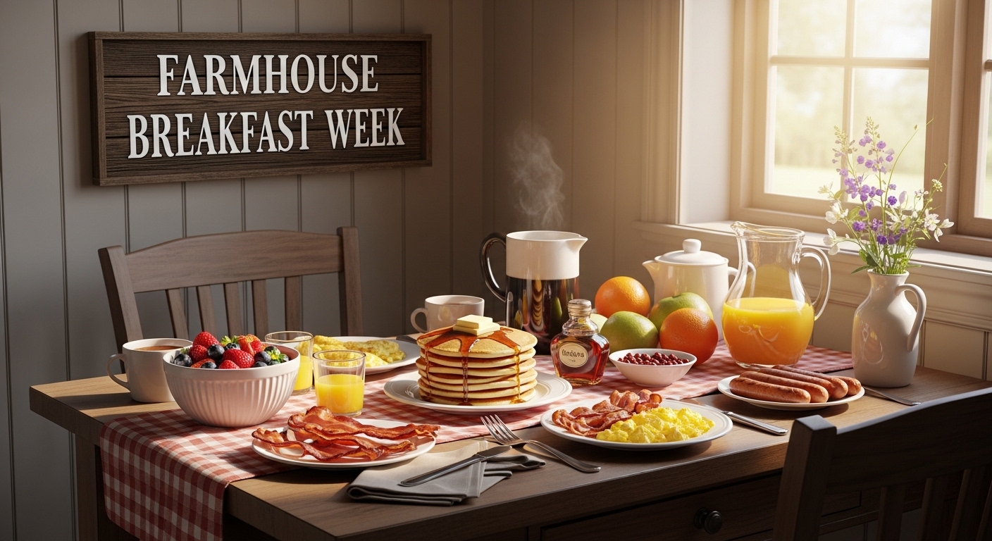 Farmhouse Breakfast Delights: Pancakes, Bacon, Scrambled Eggs, Berries, and Juice on a Rustic Table - Feature Image Jan 360