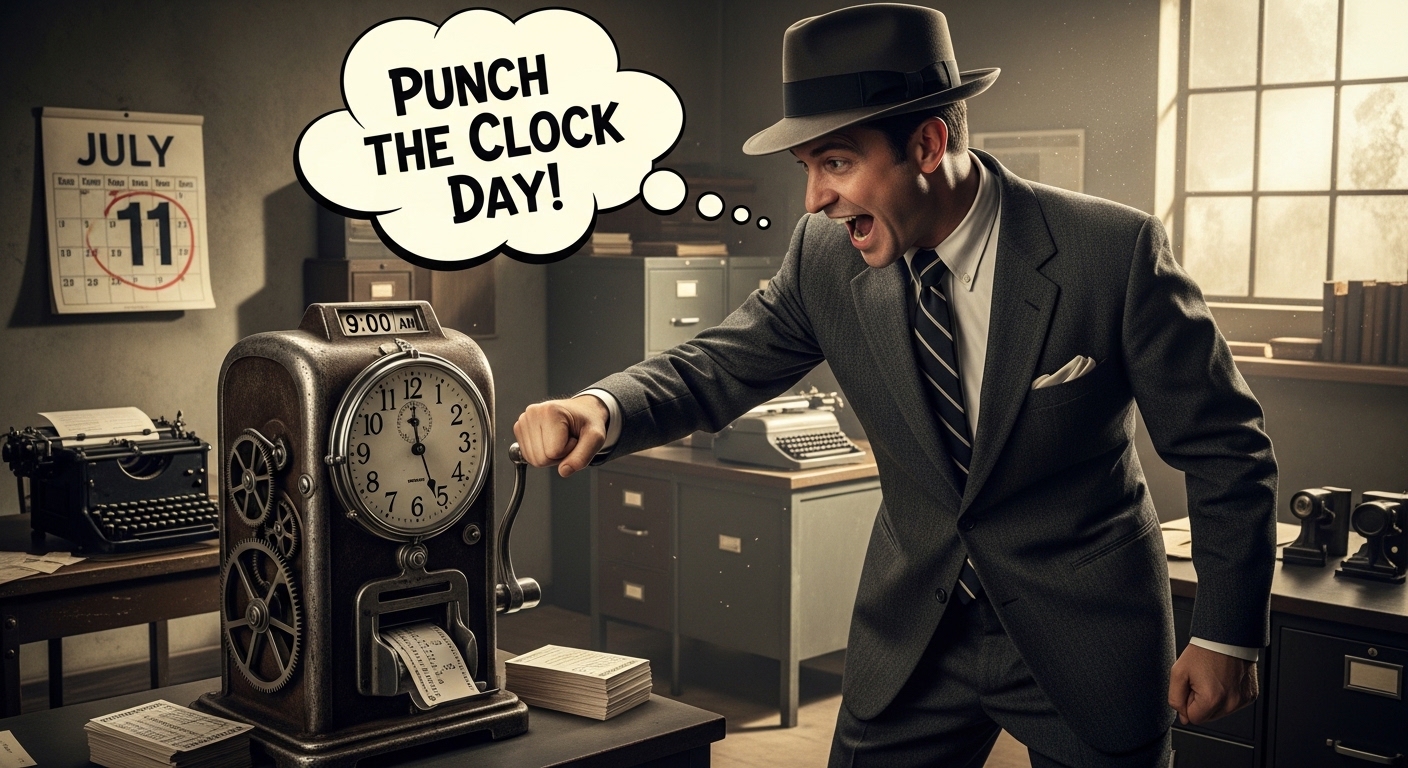 Enthusiastic Man Clocks In at Retro Office with Punch Time Machine - Feature Image Jan 364
