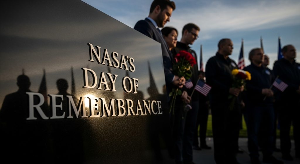 NASA Day of Remembrance. People, flags, flowers at commemorative monument. - Feature Image Jan 381
