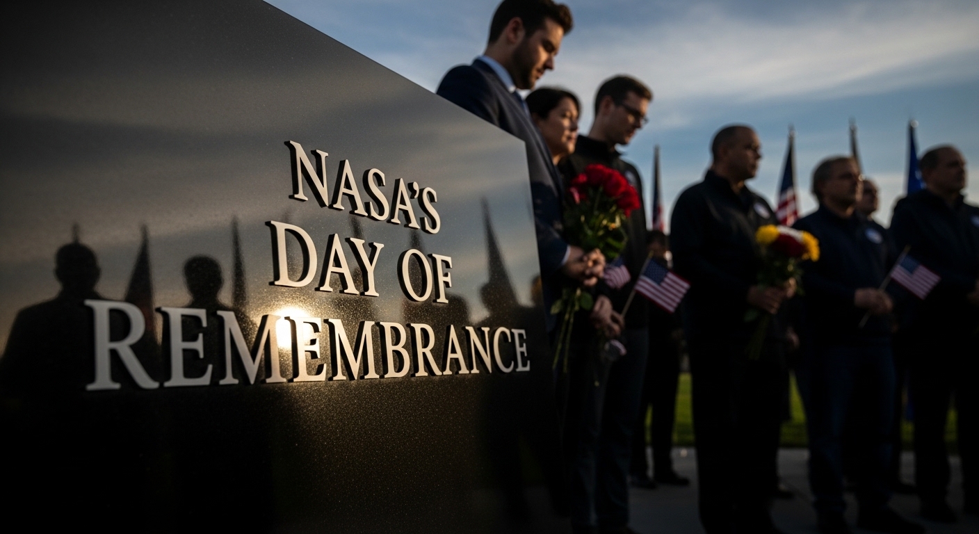 NASA Day of Remembrance. People, flags, flowers at commemorative monument. - Feature Image Jan 381