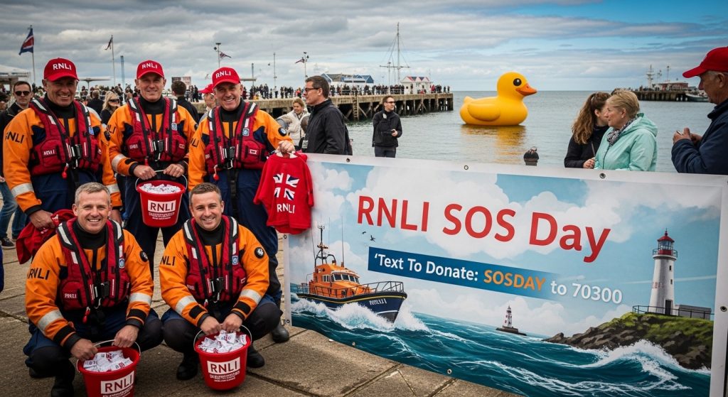 Smiling RNLI Crew with Donation Buckets at Coastal Event with Giant Rubber Duck - Feature Image Jan 385