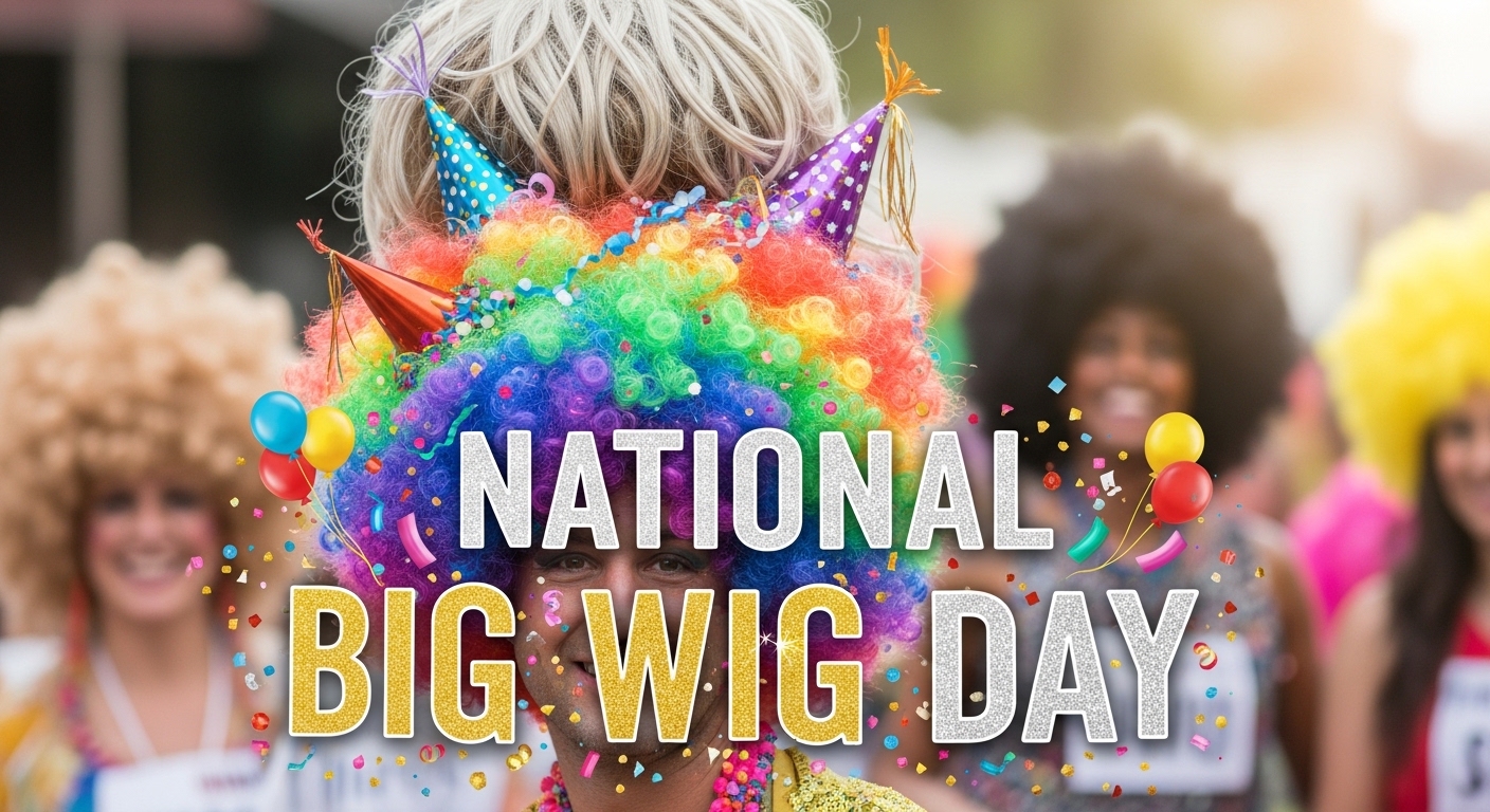 National Big Wig Day Celebration with Diverse Participants in Colorful Wigs, Confetti & Balloons - Feature Image Jan 387