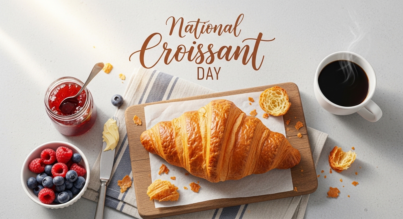 National Croissant Day Breakfast: Golden Pastry, Steaming Coffee, Fresh Berries & Jam - Feature Image Jan 388
