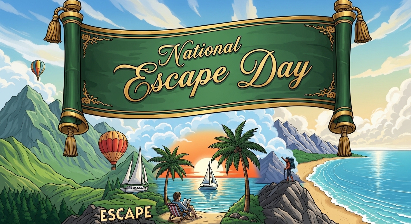 National Escape Day: Scenic Tropical Vacation, Mountain Adventure & Relaxation Illustration - Feature Image Jan 390
