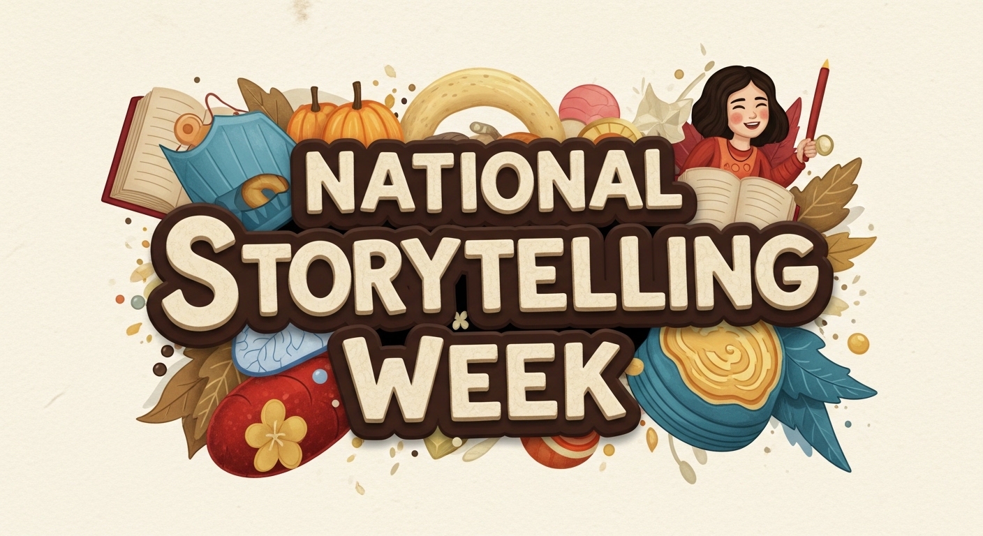 National Storytelling Week Celebration. Whimsical Lettering, Books, Young Reader, and Creative Icons - Feature Image Jan 395