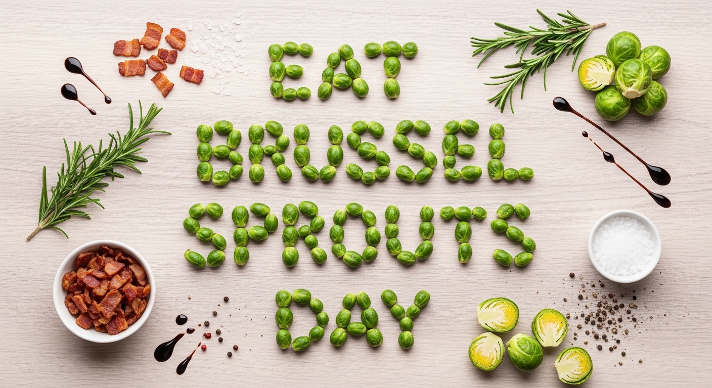 Eat Brussels Sprouts Day Arrangement: Fresh Veggies, Bacon, Rosemary & Spices on Wood - Feature Image Jan 397