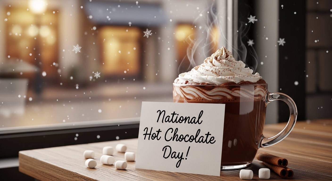 National Hot Chocolate Day: Steaming Mug with Whipped Cream, Marshmallows & Falling Snow - Feature Image Jan 402