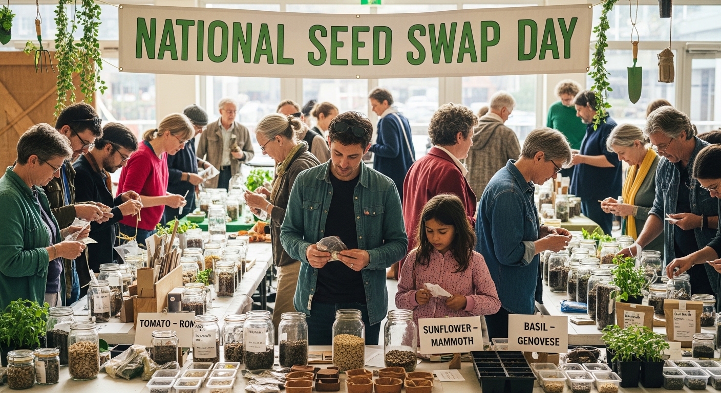 People at a National Seed Swap Day event, exchanging garden seeds and seedlings - Feature Image Jan 403