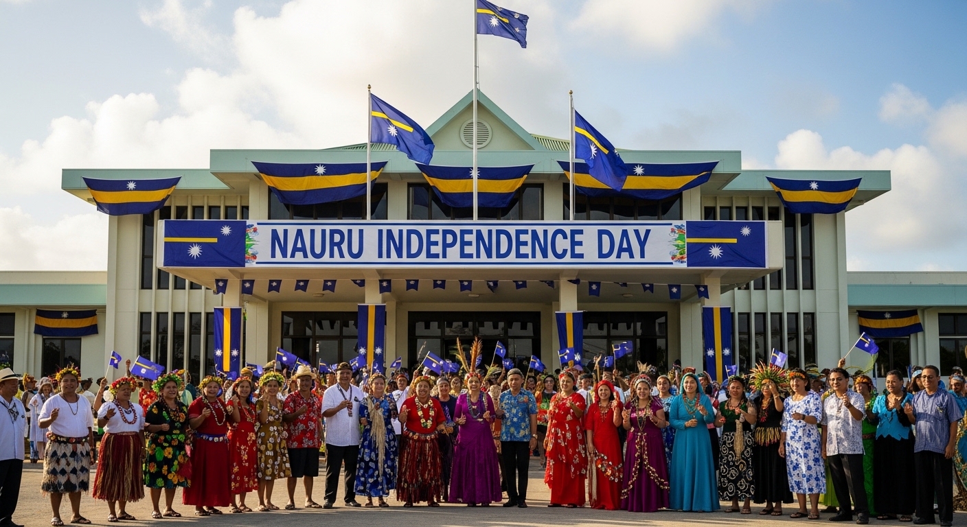 Nauru Independence Day Celebration with People in Traditional Attire and National Flags - Feature Image Jan 404