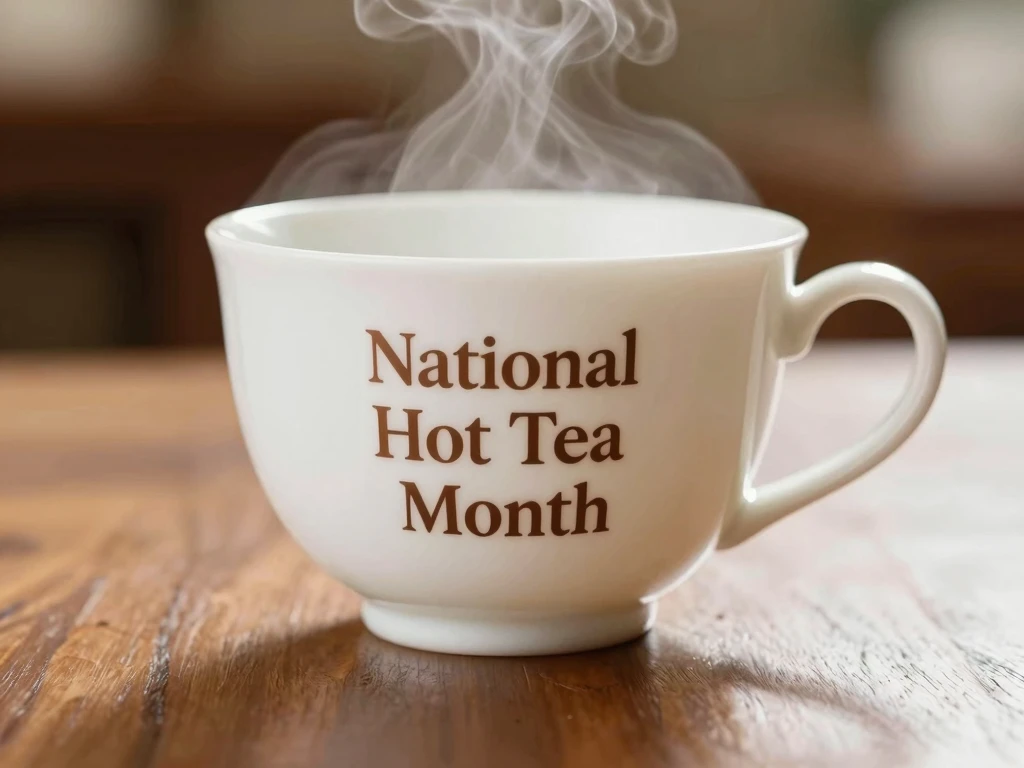 Steaming Hot Tea Cup, 'National Hot Tea Month' on Ceramic Mug, Rustic Wood Table - Feature Image Jan 57
