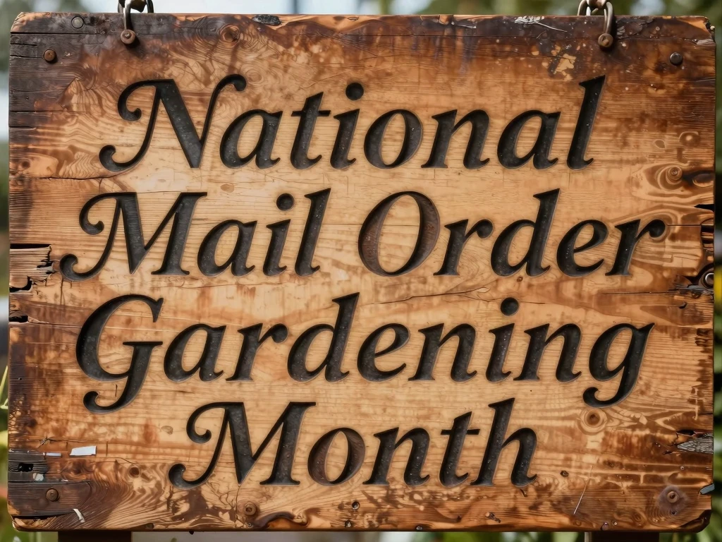 "National Mail Order Gardening Month" carved wood sign. Rustic garden celebration announcement. - Feature Image Jan 59