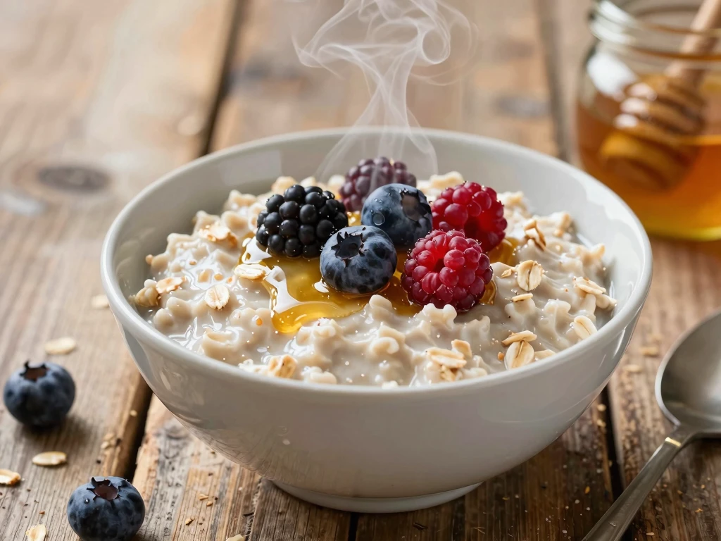 Steaming Oatmeal Bowl with Mixed Berries and Honey on Wood Table - Feature Image Jan 62