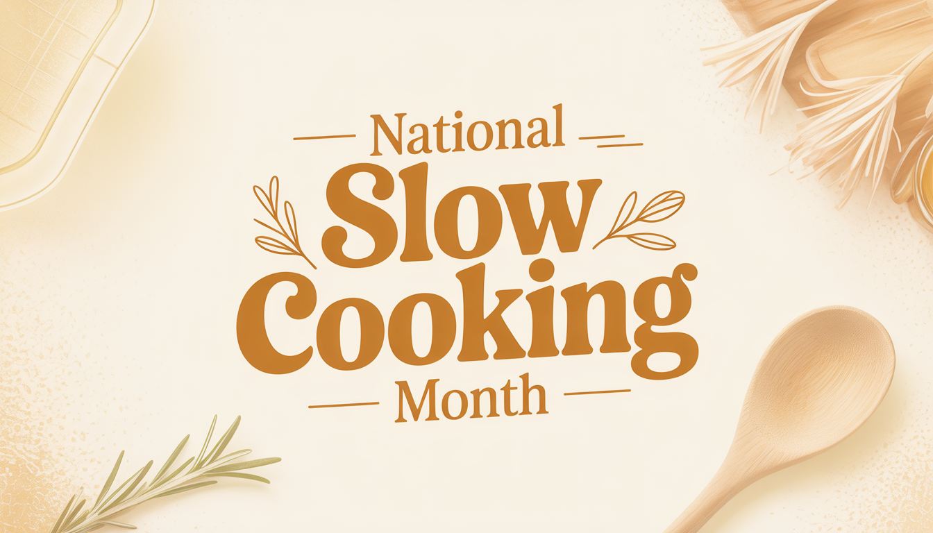 National Slow Cooking Month Background with Kitchen Utensils and Herbs - Feature Image Jan 67