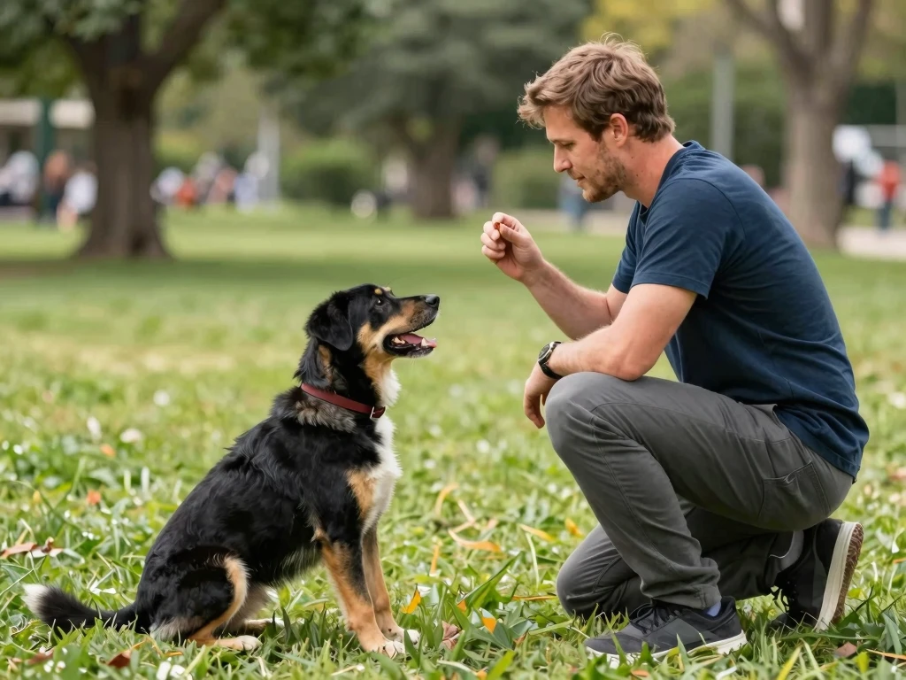 Outdoor Dog Training: Man Rewards Attentive Canine Companion in a Park - Feature Image Jan 72
