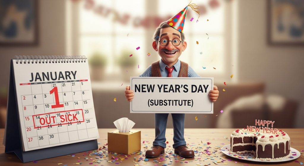 New Year's Day Celebration with Substitute Character, Calendar & Cake - Feature Image Jan 93