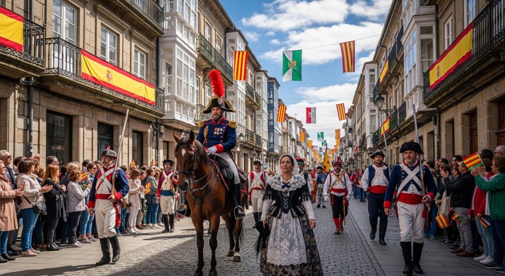 Historic Parade in Spanish City Street with Period Costumes and Spectators - Feature Image Jan 94