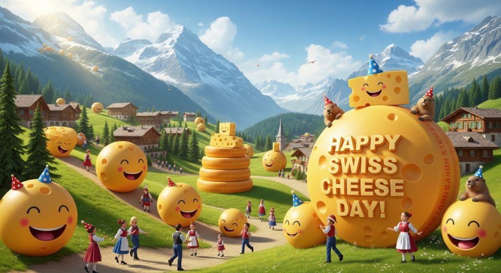 Joyful Swiss Cheese Day Celebration in Alpine Landscape with Cheerful Characters - Feature Image Jan 95