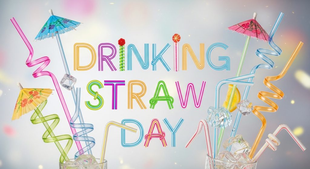 Drinking Straw Day Text with Colorful Straws & Cocktail Decorations - Feature Image Jan 97