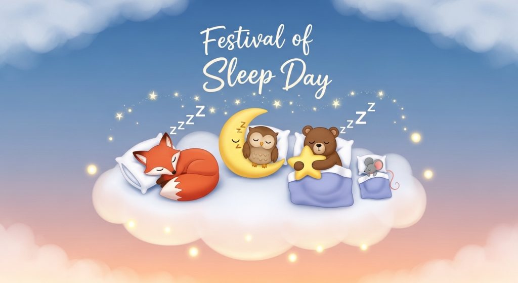 Festival of Sleep Day. Cartoon Animals Sleeping on Clouds Under a Starry Night Sky. - Feature Image Jan 99