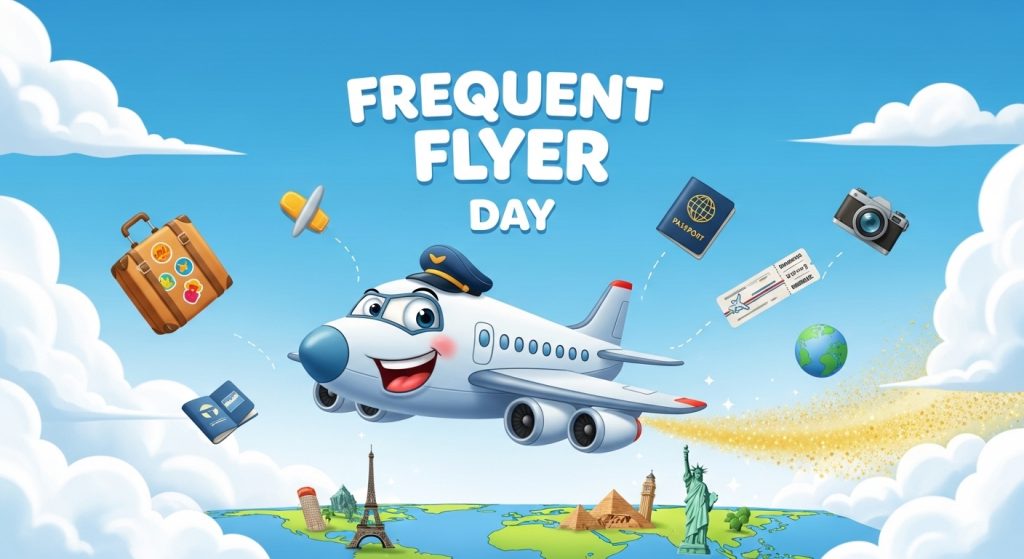 Frequent Flyer Day: Cheerful Cartoon Airplane with Global Travel Essentials - Feature Image May 07