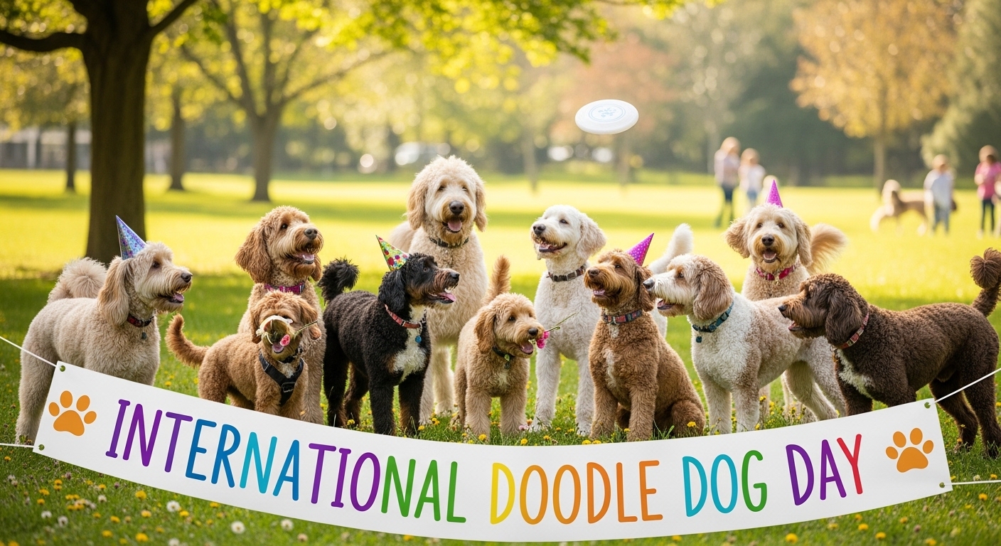 International Doodle Dog Day: Joyful Canines in Party Hats at a Park Event - Feature Image May 10
