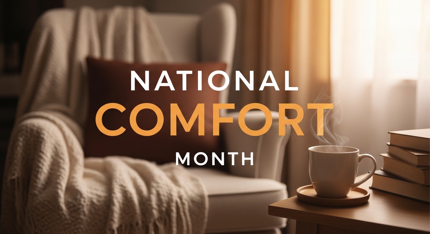 National Comfort Month. Cozy Armchair, Warm Drink & Books for Relaxation - Feature Image May 103
