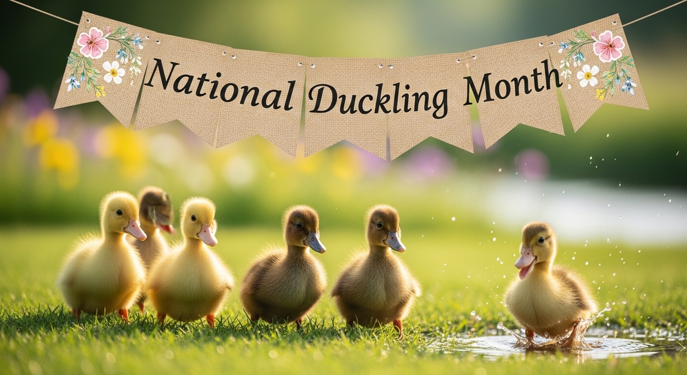 National Duckling Month Banner, Fluffy Young Ducks Play in Green Pasture, One Splashing Water - Feature Image May 105