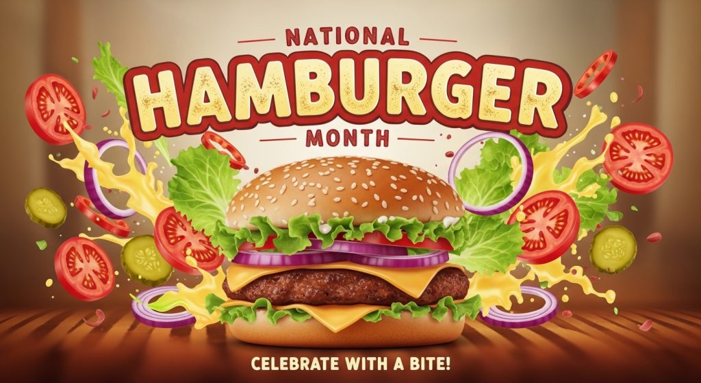 National Hamburger Month Celebration Banner with Exploding Burger Ingredients - Feature Image May 108