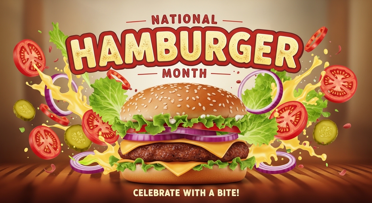 National Hamburger Month Celebration Banner with Exploding Burger Ingredients - Feature Image May 108