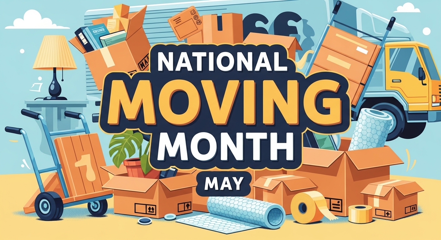 National Moving Month May Promotion. Relocation, Packing, Boxes, Truck, Home Transition. - Feature Image May 112
