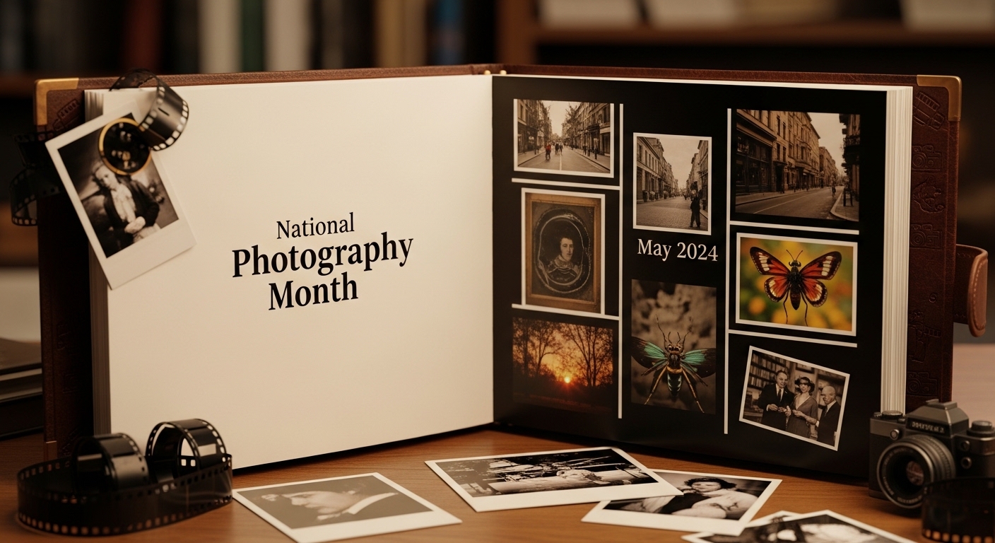 "National Photography Month" album display with classic camera, film, and varied prints. - Feature Image May 115