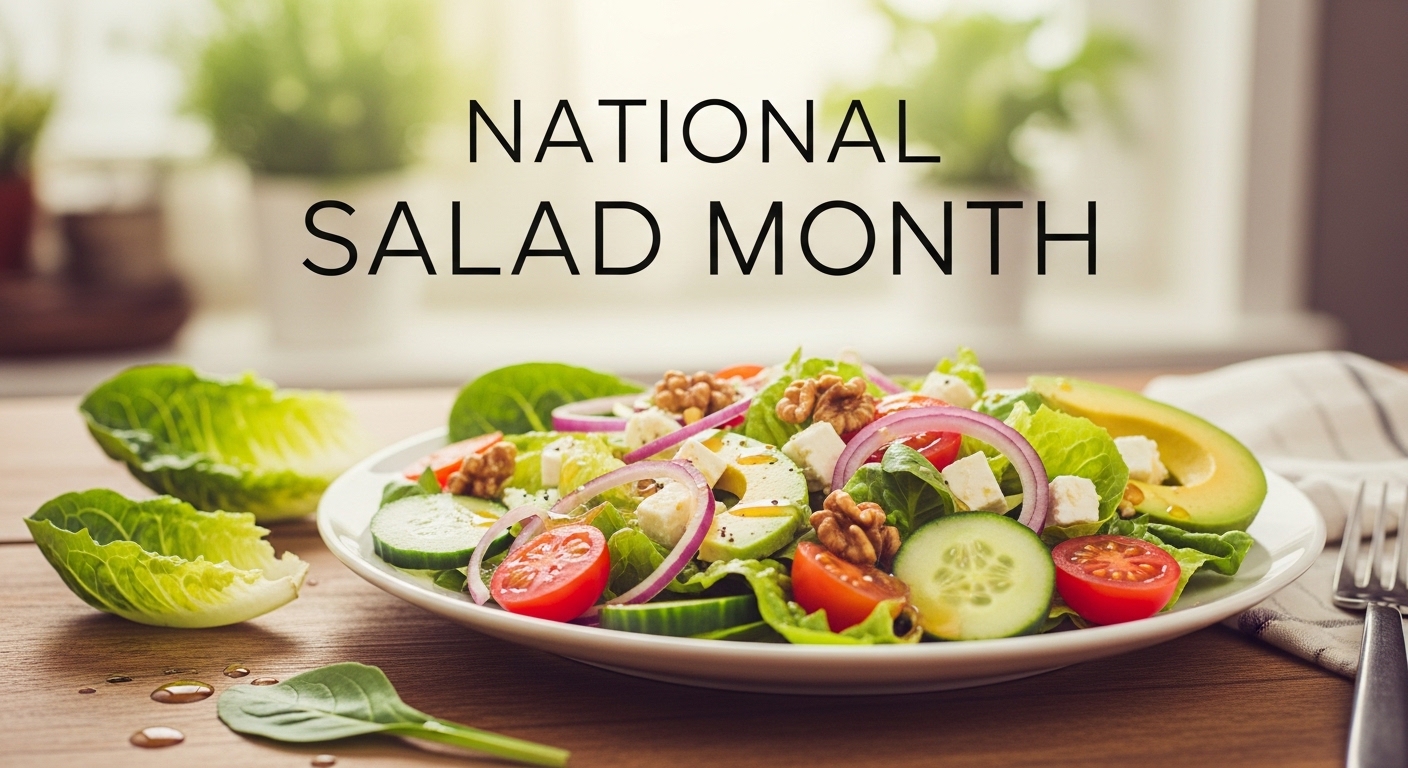 National Salad Month: Vibrant Greens, Avocado, Feta, Walnuts. Fresh Healthy Meal. - Feature Image May 120