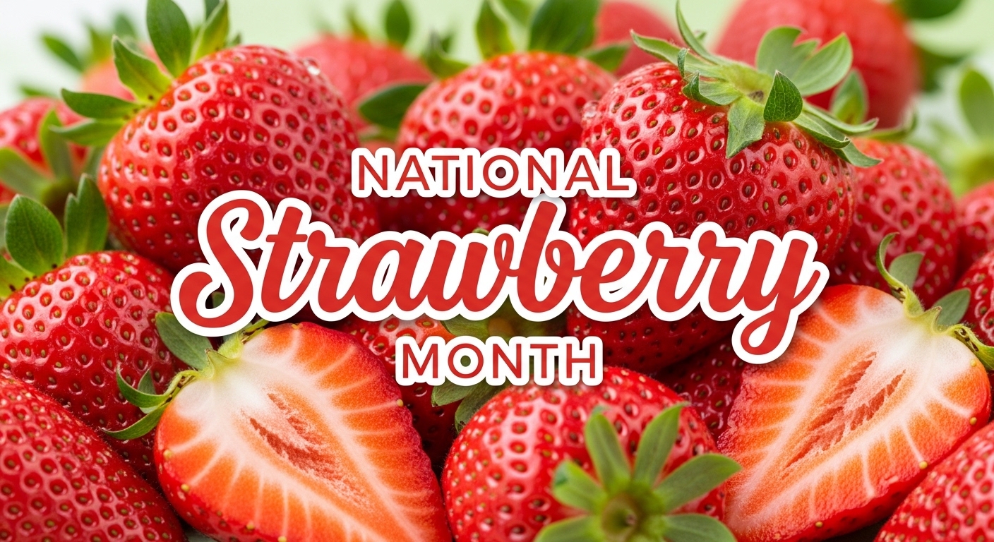 National Strawberry Month. Fresh, Vibrant Red Berries and Green Leaves. - Feature Image May 127