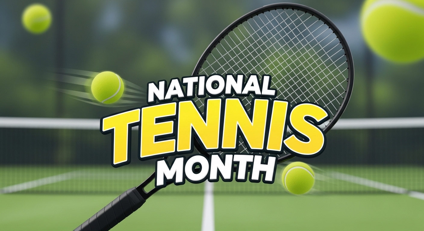 National Tennis Month Celebration. Racket, Balls, Green Court. Sport Event Graphic. - Feature Image May 129