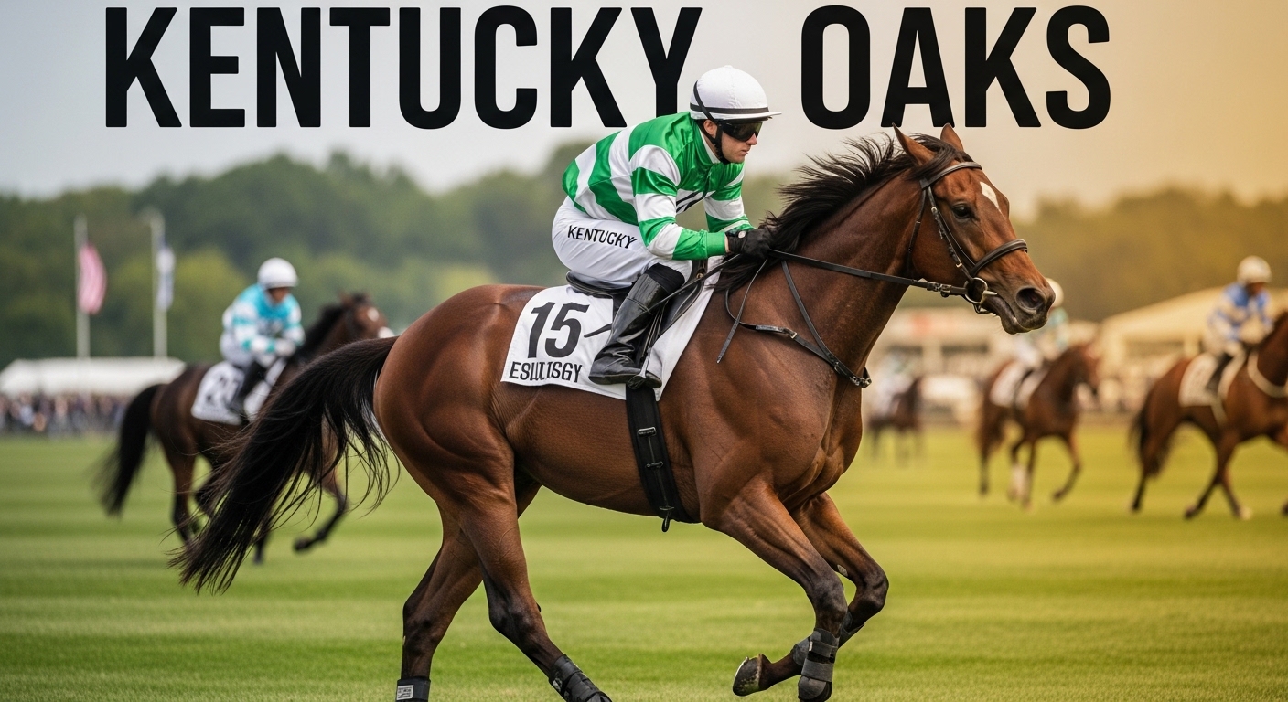 Kentucky Oaks Thoroughbred Race. Jockey and Horse Galloping on Racetrack. - Feature Image May 13