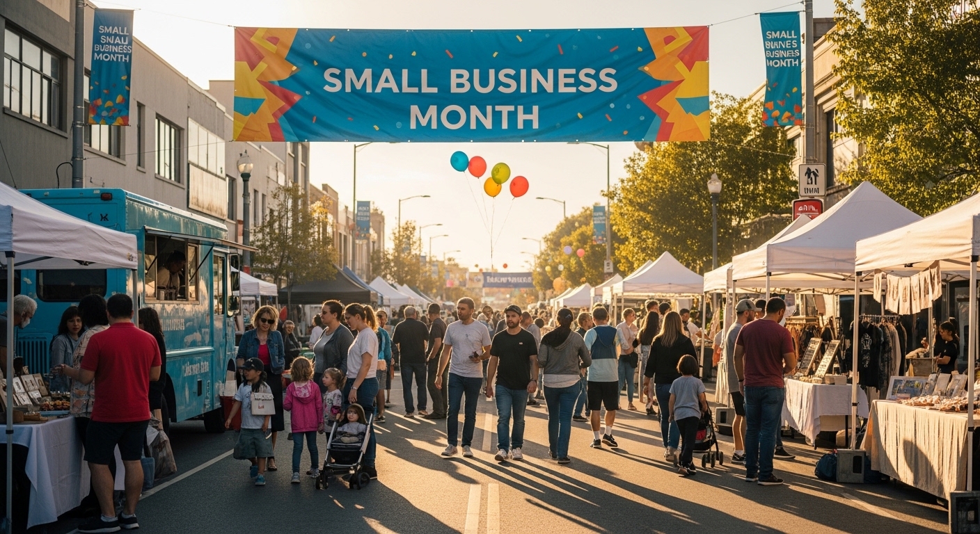 Vibrant Small Business Month Street Fair with Shoppers & Vendors Under Golden Sunlight - Feature Image May 139