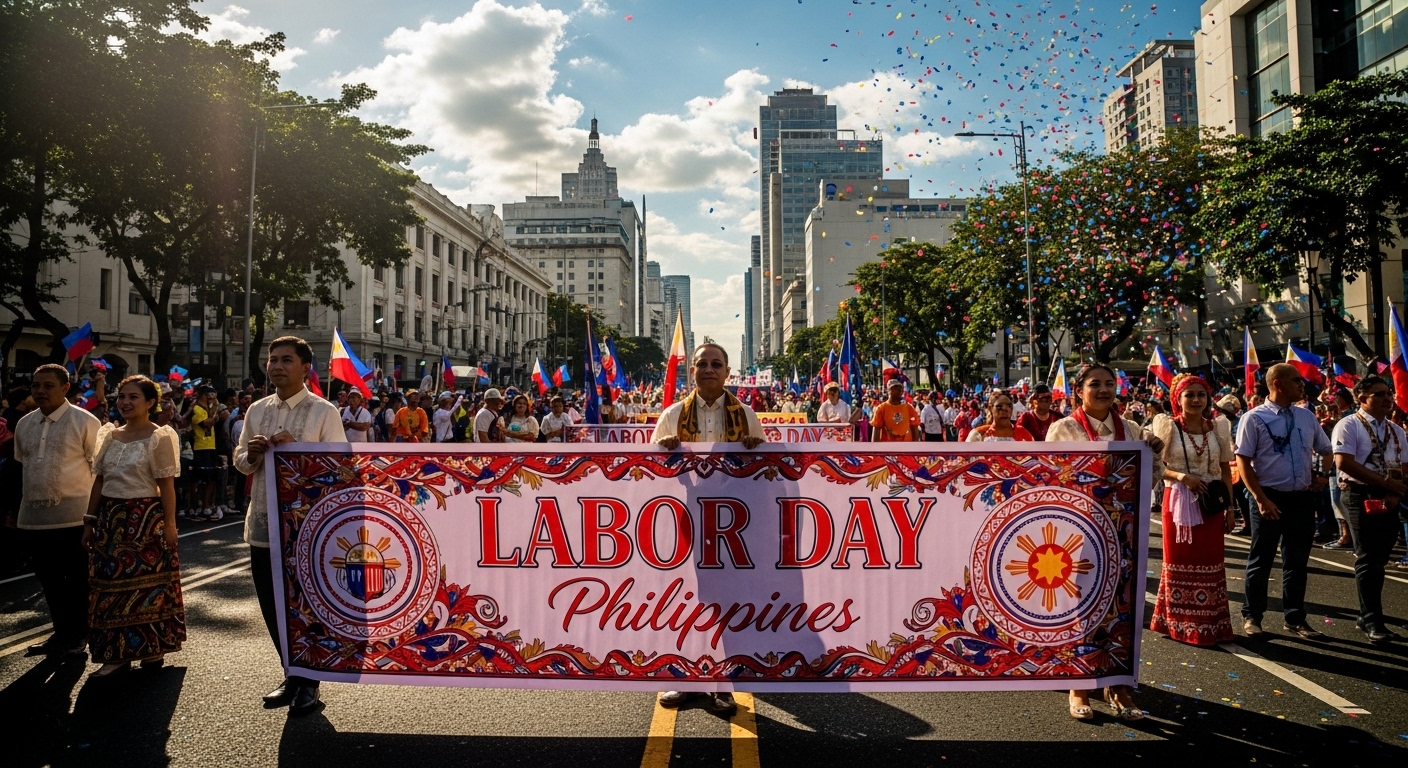 Philippines Labor Day Parade: Festive Urban Celebration with Banner, Confetti, and Filipino Culture - Feature Image May 14