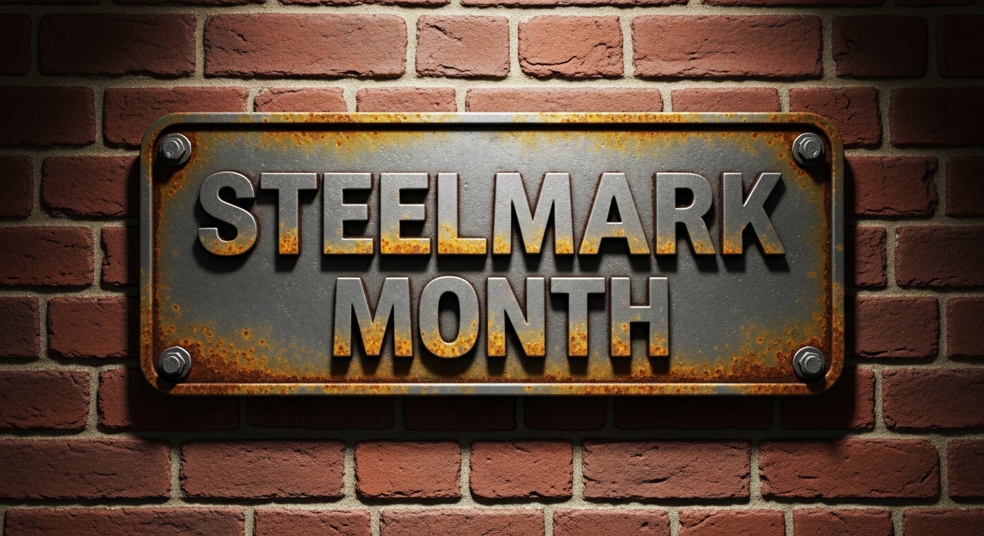 Steelmark Month Rusty Metal Sign on Aged Brick Wall - Feature Image May 141