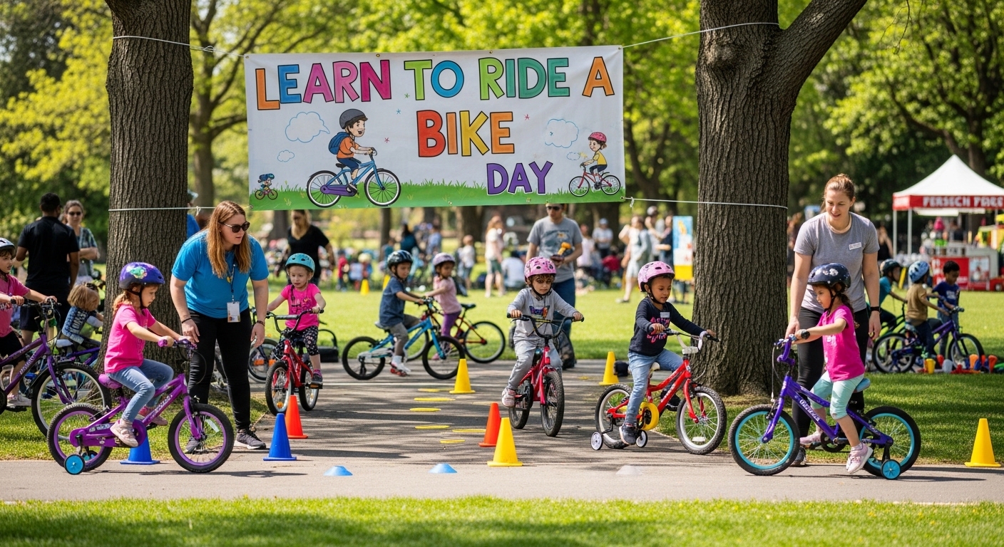 Kids Learn to Ride Bikes at Park Event. Children Cycling with Instructors, Helmets, Cones on Sunny Day - Feature Image May 15