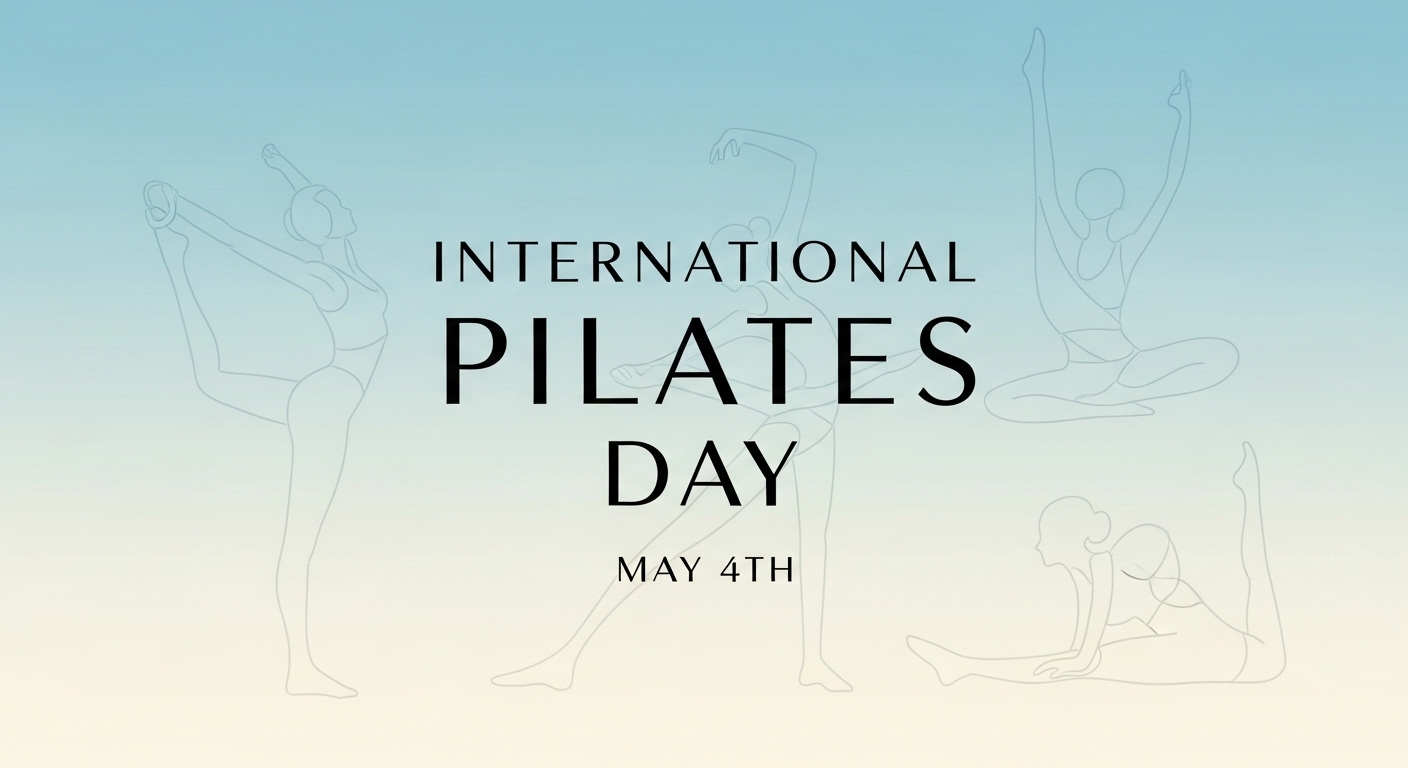 International Pilates Day on May 4th featuring graceful figures in various exercise poses - Feature Image May 155