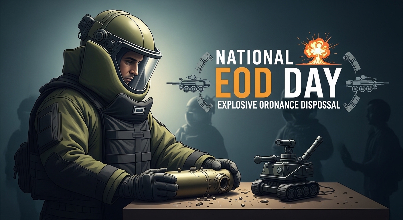 National EOD Day: Explosive Ordnance Disposal Professional in Bomb Suit, Inspecting Ordnance with Robot. - Feature Image May 162