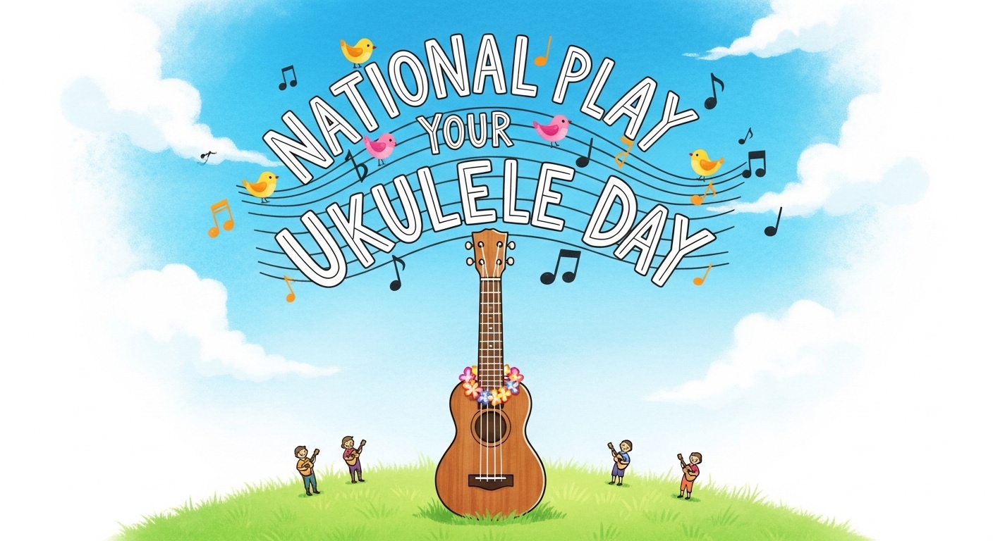 National Play Your Ukulele Day Celebration Illustration with Music, Notes, and Cartoon Characters - Feature Image May 166